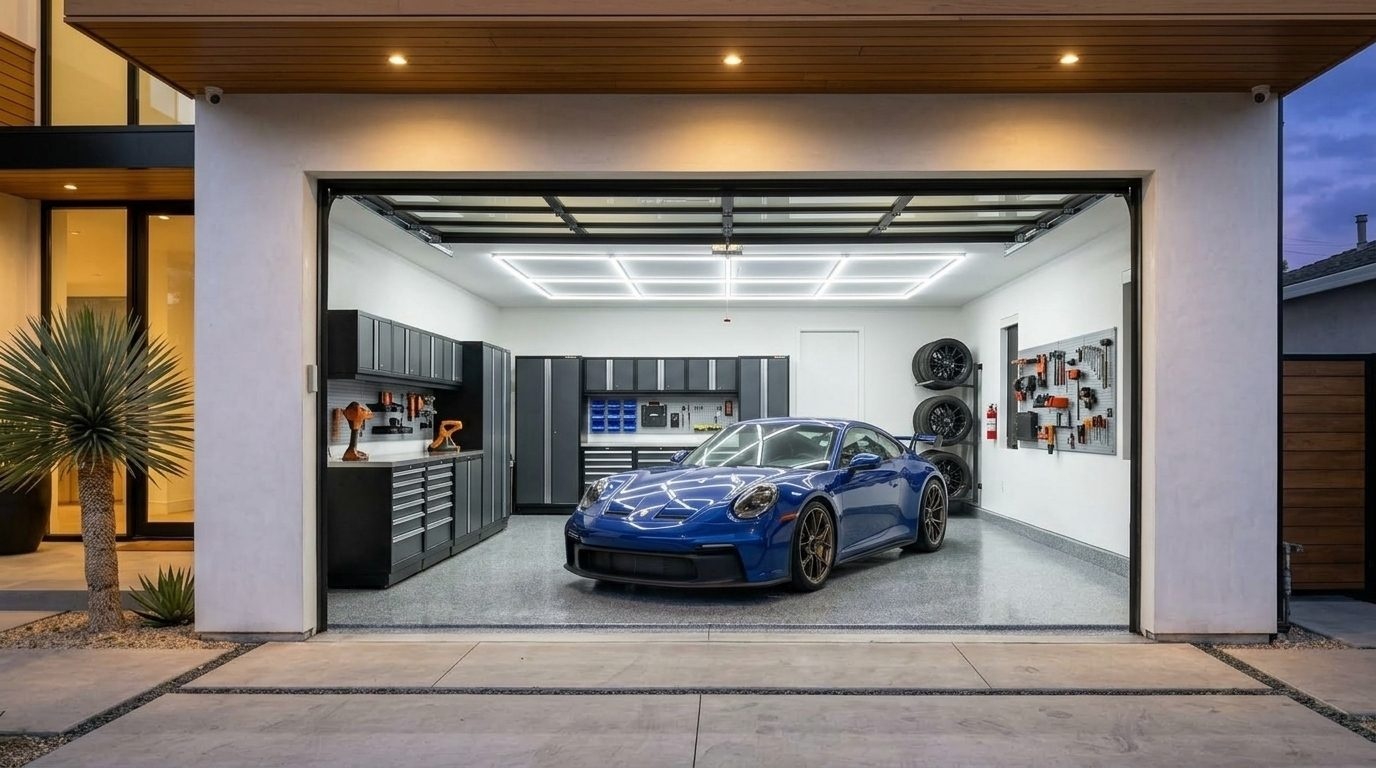 Ross Garage Door Service Interior View of Custom Garage Door Overhead and Workshop